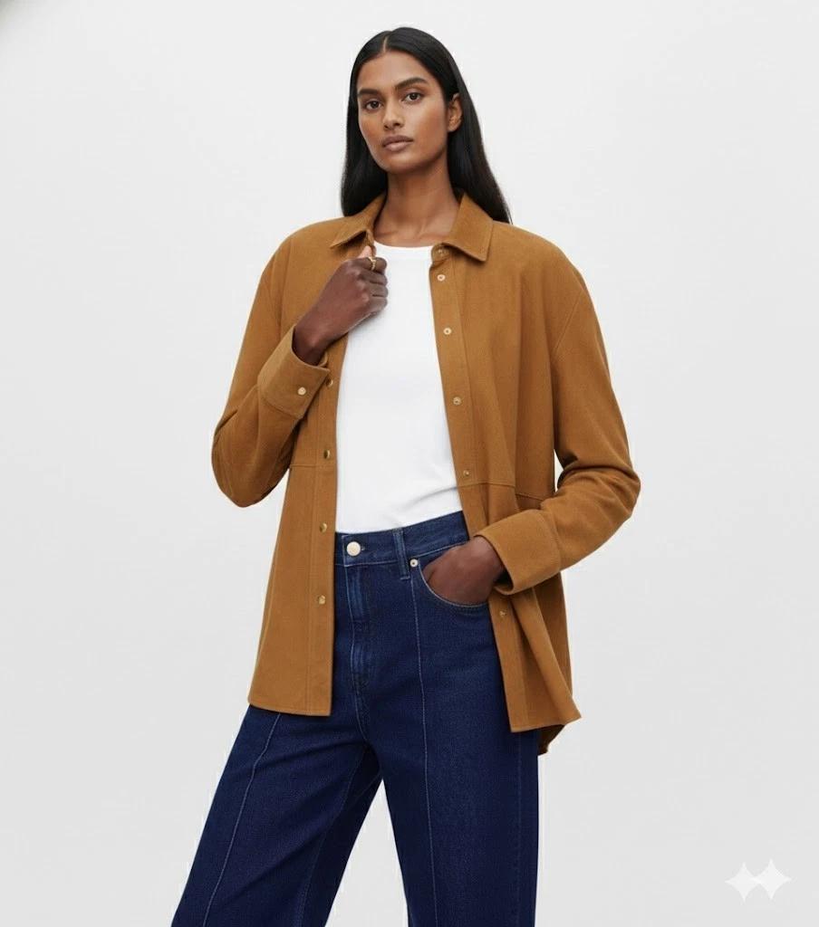 Верблюжий Коричневый Женская Рубашка Натуральная Ручная Работа Замша Кожа Ягненка Мягкая Официальная S