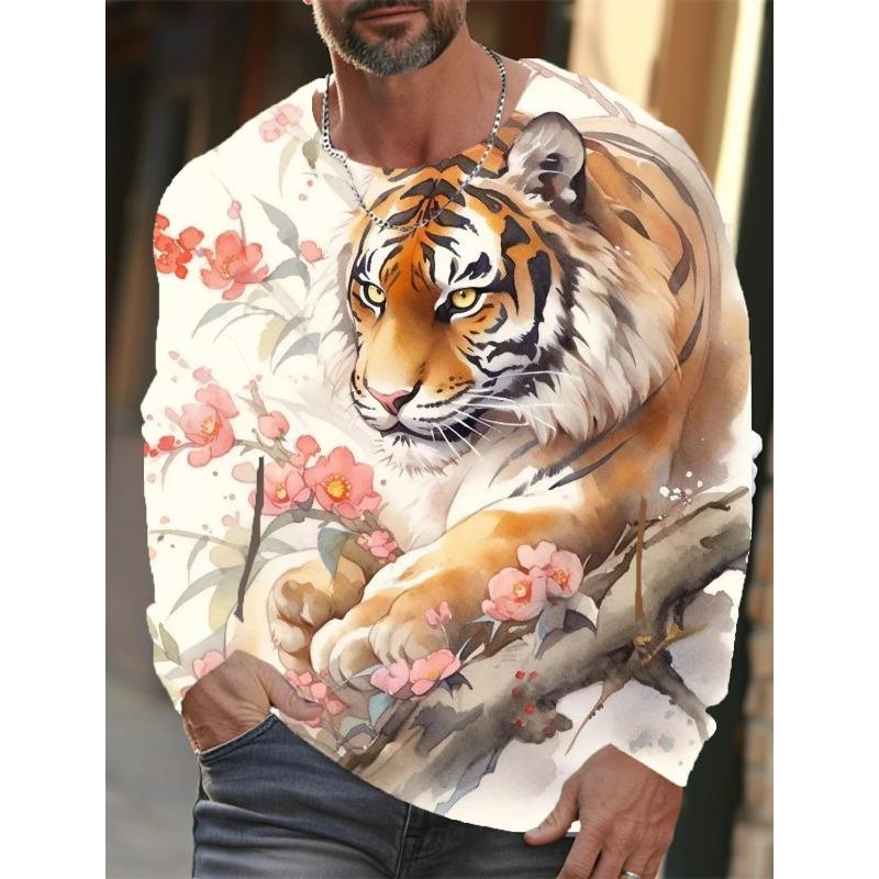 Spring and Autumn Round Neck Tiger Pattern 3D Printed Top Fashionable Casual Long Sleeved Men's T-shirts