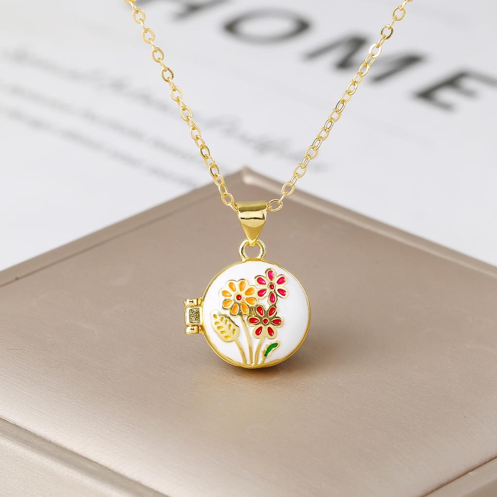 Round Photo Box Enamel Flower Gold-Plated Pendant Necklace Fashion for Women's Girls' Party Wedding Luxury Jewelry Gift