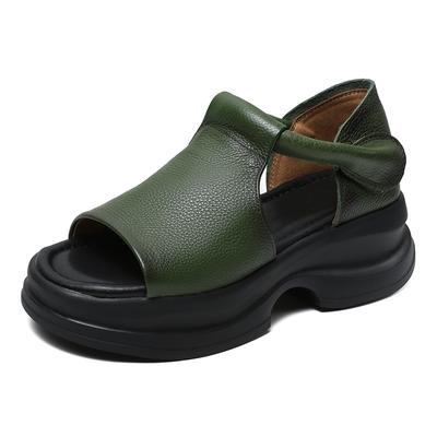 5CM Zomerschoenen Dames Dikke Hak Sandalen Nieuw Design Klittenband Echt Leer Open Teen Casual Platform Sandalen Dames Slippers