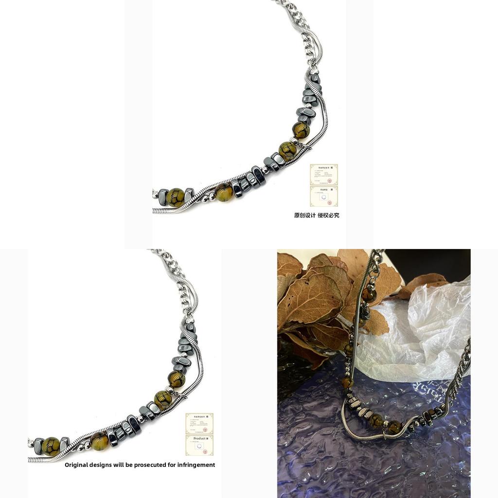 Natural Stone Titanium Steel Chain Necklace For Men Women Geometric Style Handmade Jewelry