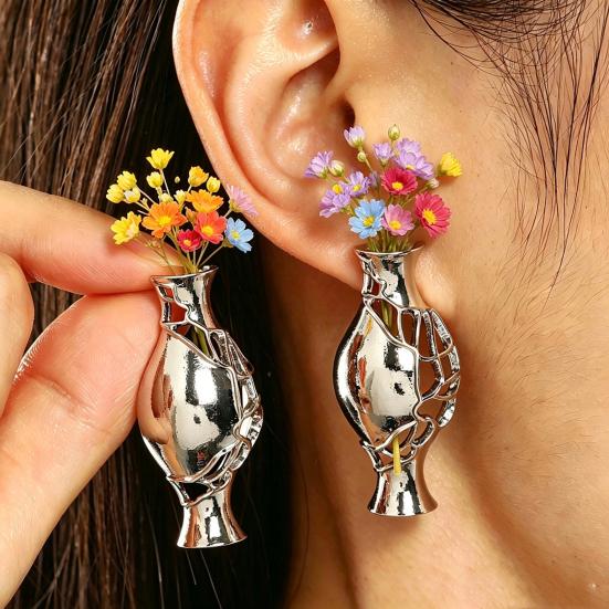 Unique Gift for Her 1 Pair Flower Vase Earrings Women, Retro Metal Hollow Shape DIY Dried Jewelry Earrings, Bouquets Floral Holder Wedding Prom