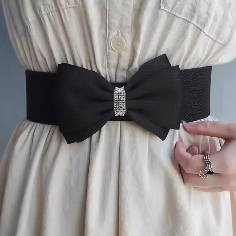 Adjustable Buckle Elastic Bow Belt Solid Color Rhinestone Stretch Belt Dress Coat Accessories