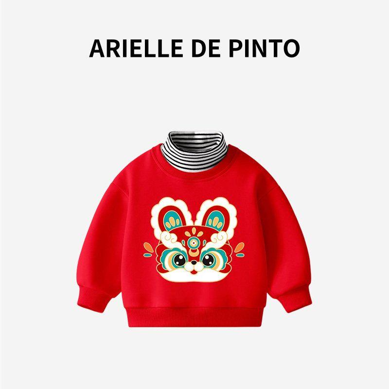 French Arielle De Pinto Sweatshirt for Boys and Girls, Autumn Style Cartoon Bear Pullover, Korean Style Pure Cotton Top Fac12744 Red 120
