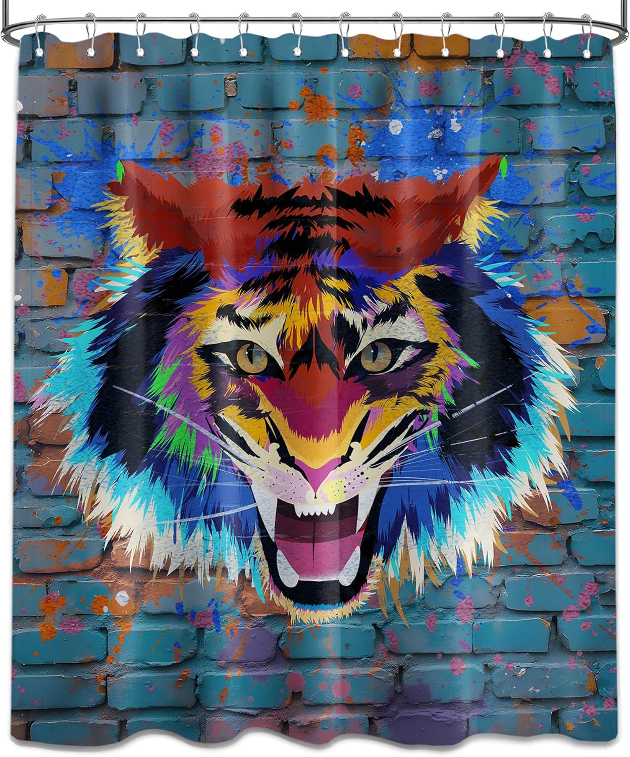 

Tiger Shower Curtain Cool Graffiti Animal Teen Boys Bathroom Decor Street Art Wild Wildlife Hooks W60H190(CM)-1 Pcs