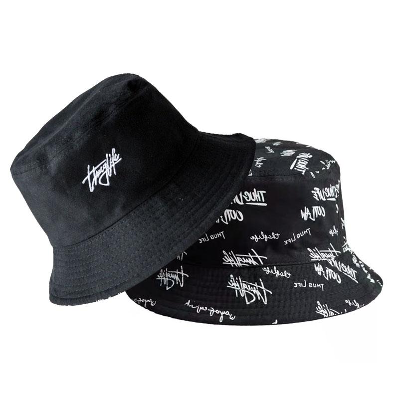 Fashion Graffiti Letters Print Cotton Bucket Hat For Men Women Double-sided Wear Wide Brim Sun Hats Soft Foldable Fisherman Caps