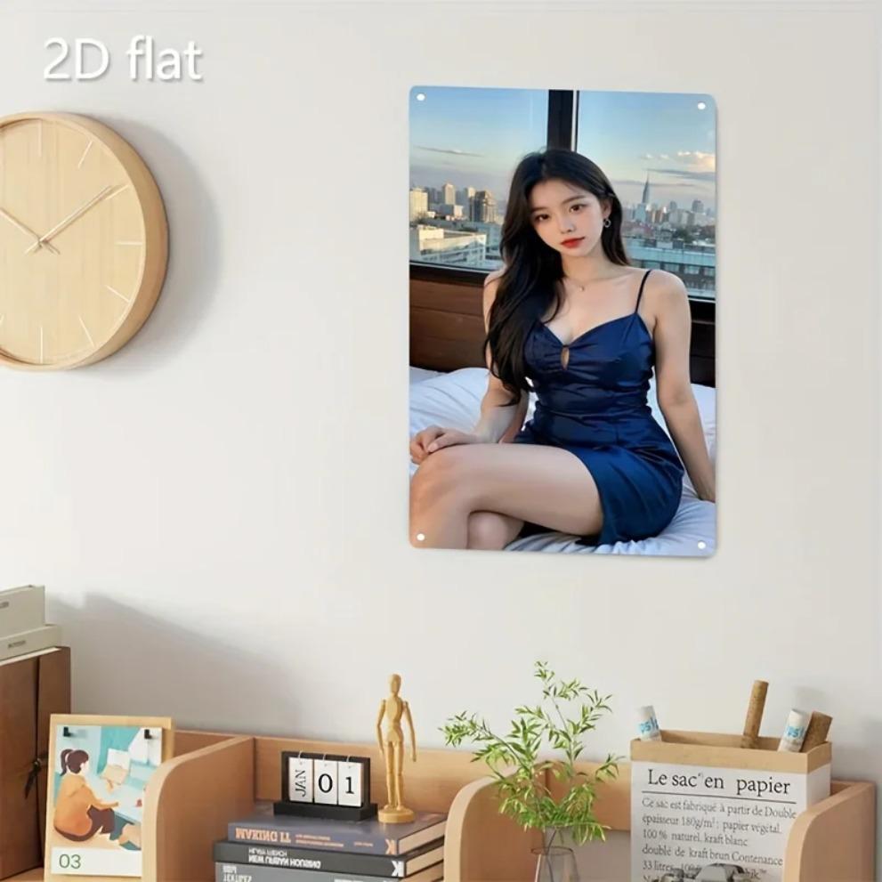 Hisun Tin Sign HD Metal Tin Sign Beautiful Asian Girl In Blue Slip Dress Retro Wall Decor D Flat Iron Painting Plaque for Home Bar Club Pub