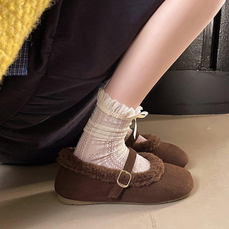 Niche Autumn and Winter Retro Fluffy Shoes Women's Flat-bottomed One-pedal Velvet Thermal Bag Head Single Shoes Go Out Comfortable Cotton Boots