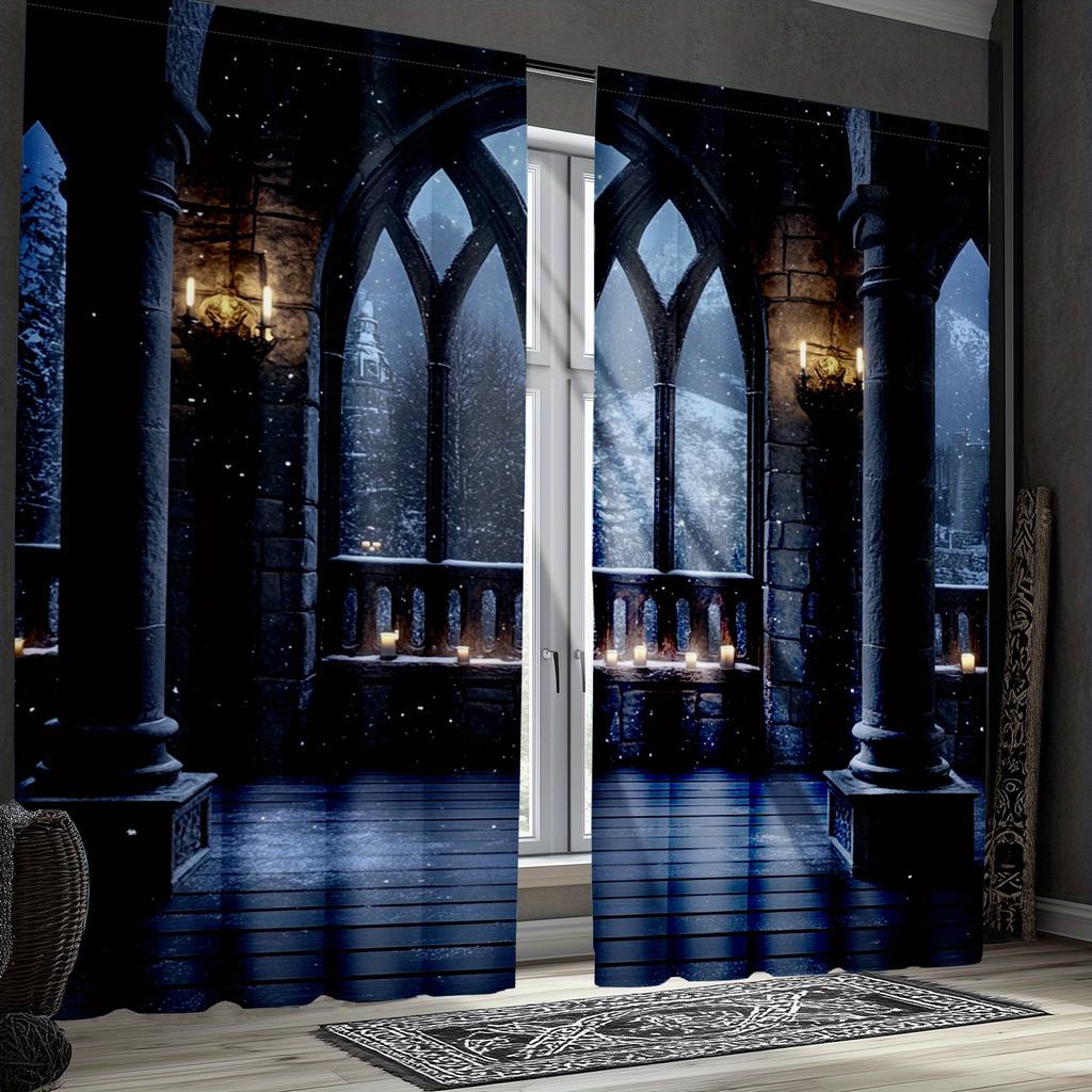 2pcs Gothic Fantasy Curtains - Enchanting Full Moon   Birds   and Castle Balcony Design with Burning Candles - Polyester Drapes fo