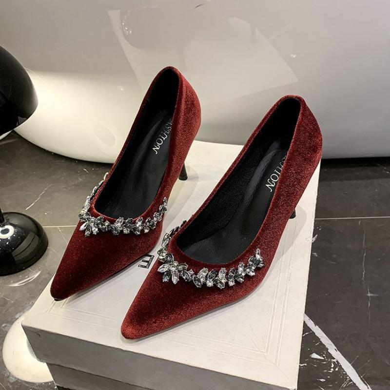 Fashion New Sequined Rhinestone Wedding Shoes Women High-heeled Shoes Black Thin Heels Sexy Pumps Female Bride Footwear Big Size