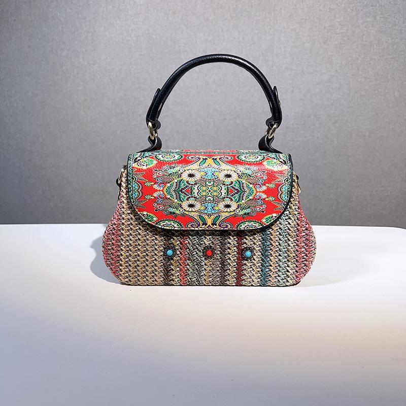 

Модная женская сумка через плечо из натуральной ротанговой кожи в стиле бохо с цветными блоками и этническим винтажным рисунком