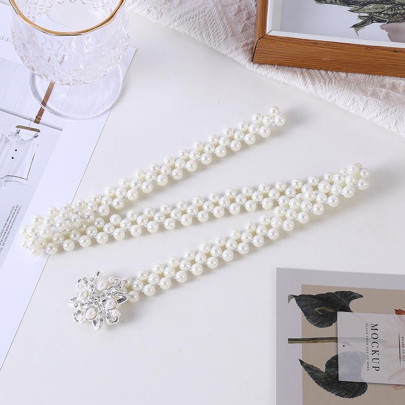 "Korean Style Rhinestone Pearl Waist Chain for Women – Fashionable, Sweet, Elastic Belt"