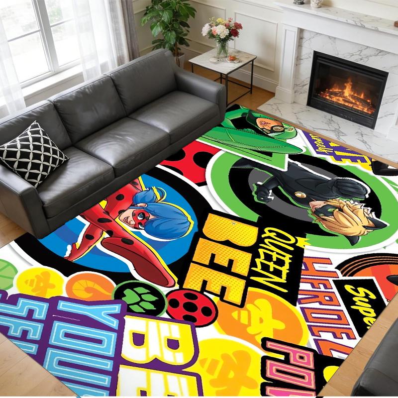 Rutschfester Kristall-Samt-Teppich, Teppich mit Miraculous Ladybug Design für Innenbereich Wohnzimmer Schlafzimmer Heimdekoration