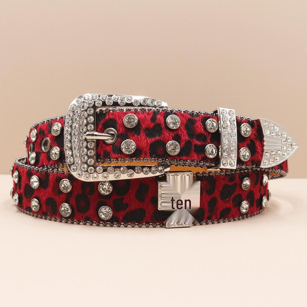 Pánské trendy džíny s leopardím vzorem, křížovým pasem a prémiovým koženým páskem