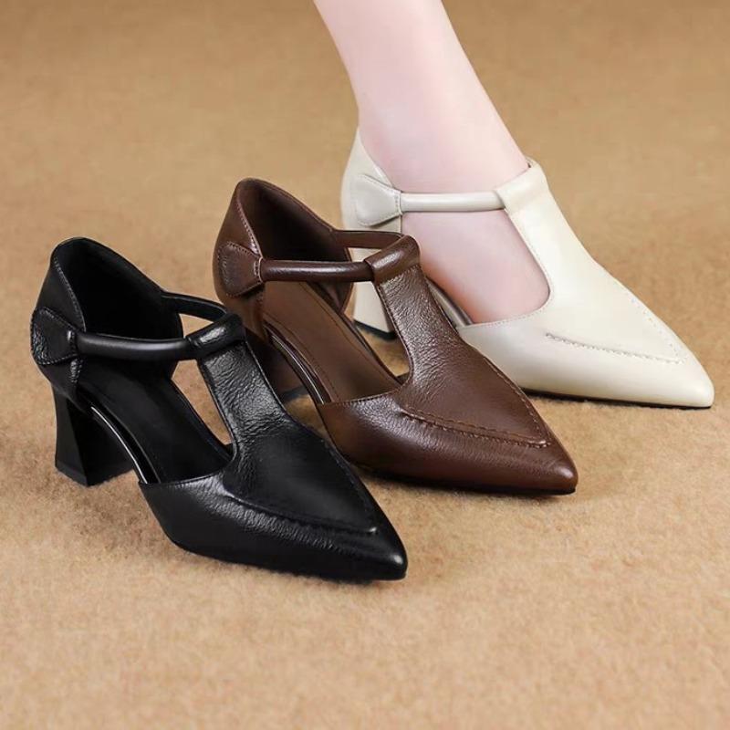 Hollow High-heeled Single Shoes Autumn New Pointed Toe Shallow Mouth One Belt Non-slip Wear-resistant Block Heel Shoes