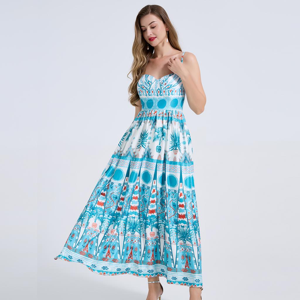 Green Floral Print Sexy Spaghetti Straps Dress Women High Waist A-line Long Holiday Summer Dresses Party Robes 2026
