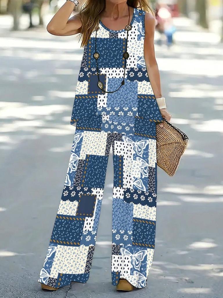 Temu spring and summer new European and American fashion women's clothing abstract printing sleeveless vest wide-leg pants set