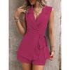 black lapel sleeveless wrap tie vest and shorts two piece set for women