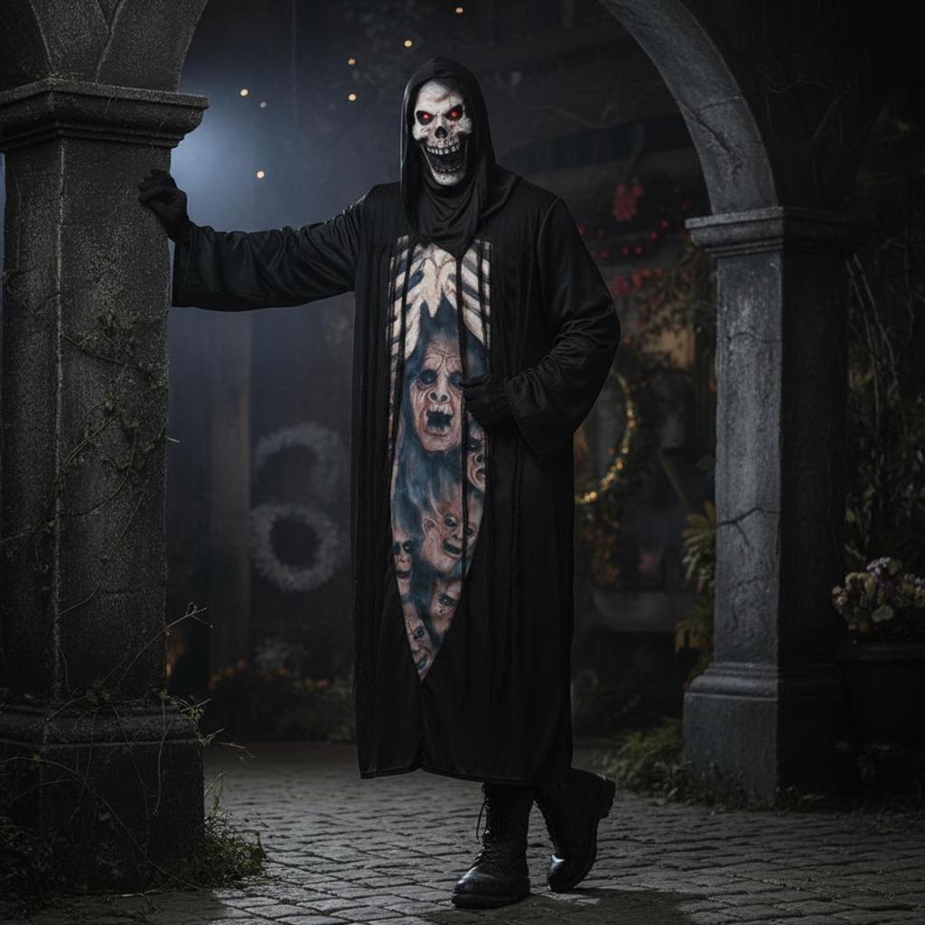 Tattered Skeleton Robe Costume Full-Length Skeletal Print Halloween