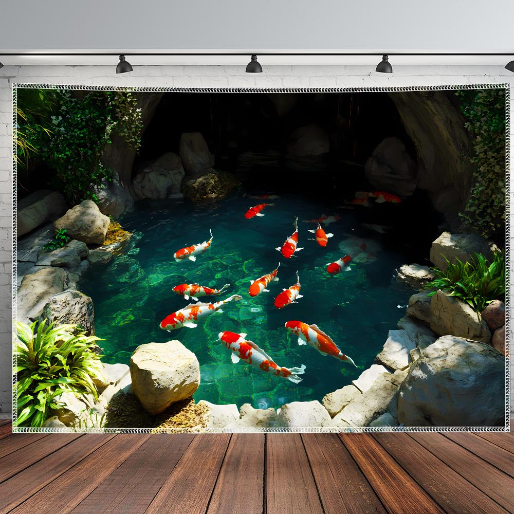 Japanese Style Koi Tapestry, Swimming Carp And Lush Plants, Peaceful Wall Decor For Living Room Dorm