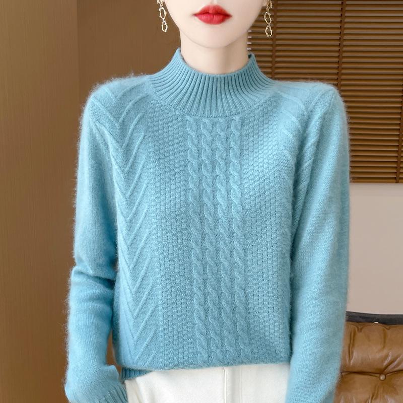 2025 Women's Wool Jacquard Pullover: Cozy Half-High Neck Sweater with Long Sleeves and Age-Reducing Design.