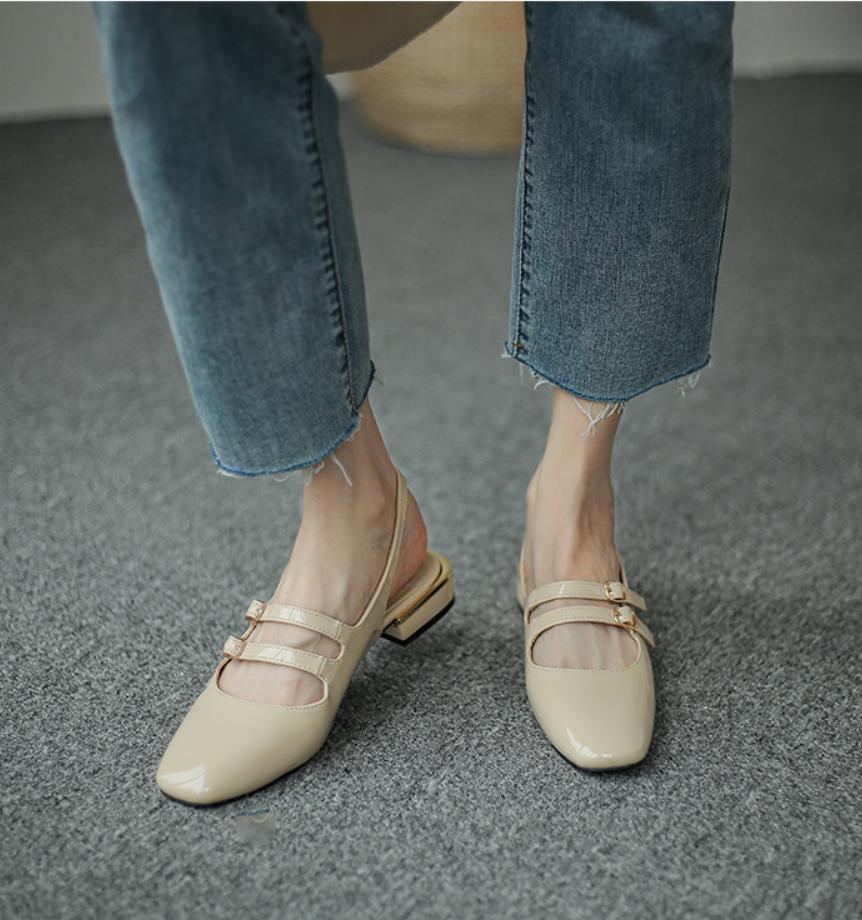 French Vintage Summe Patent Leather Shoes Low Heel Sandals Square Toe Mary Jane High Heels Ladies Double Buckle Elegant Sandals
