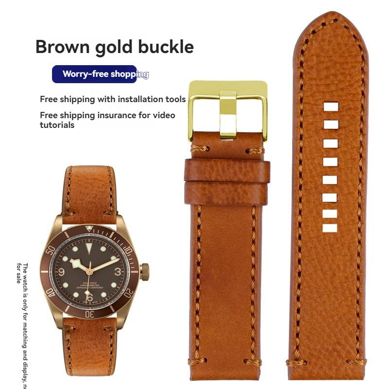 For TUDOR Black Bay Qicheng Bronze Little Red Flower Zenith Vintage Genuine Leather Watch Strap Men 22mm 23mm Cowhide Wristband
