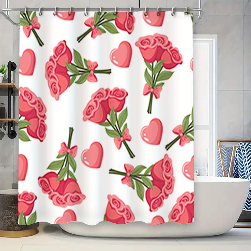 

Floral Heart Pattern Shower Curtain Waterproof Fabric For Bathroom Decor White Pink Roses Design 72X84 Inches (183Cm X 213Cm) W60H190(CM)-1 Pcs