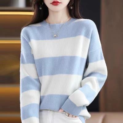 Fashion Striped Knitted Sweater Long-sleeved Inner Sweater Women's Autumn and Winter New Loose Outer Wear Versatile Crew Neck Pullover Sweater
