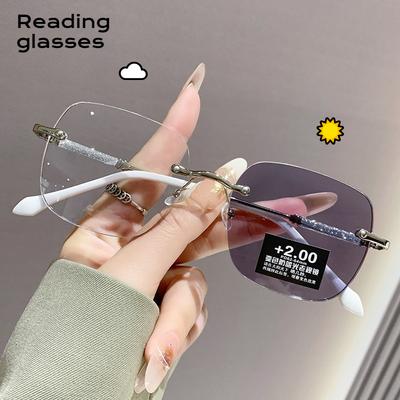 Unisex Luxury Photochromic Reading Glasses Fashion Rimless Color Changing Eyewear For Men Women Outdoor Anti-Uv Presbyopia