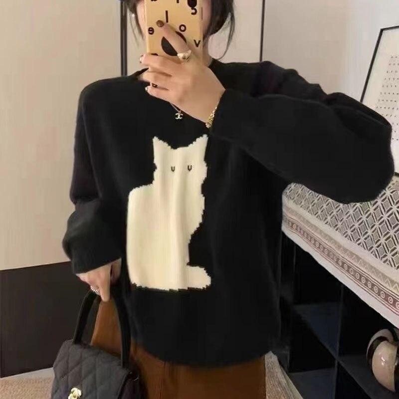 

Корейский сладкий свитер с рисунком кота, пуловер, женский осенне-зимний повседневный свободный вязаный пиджак, женские модные топы с длинными рукавами 29212 One Size чёрный