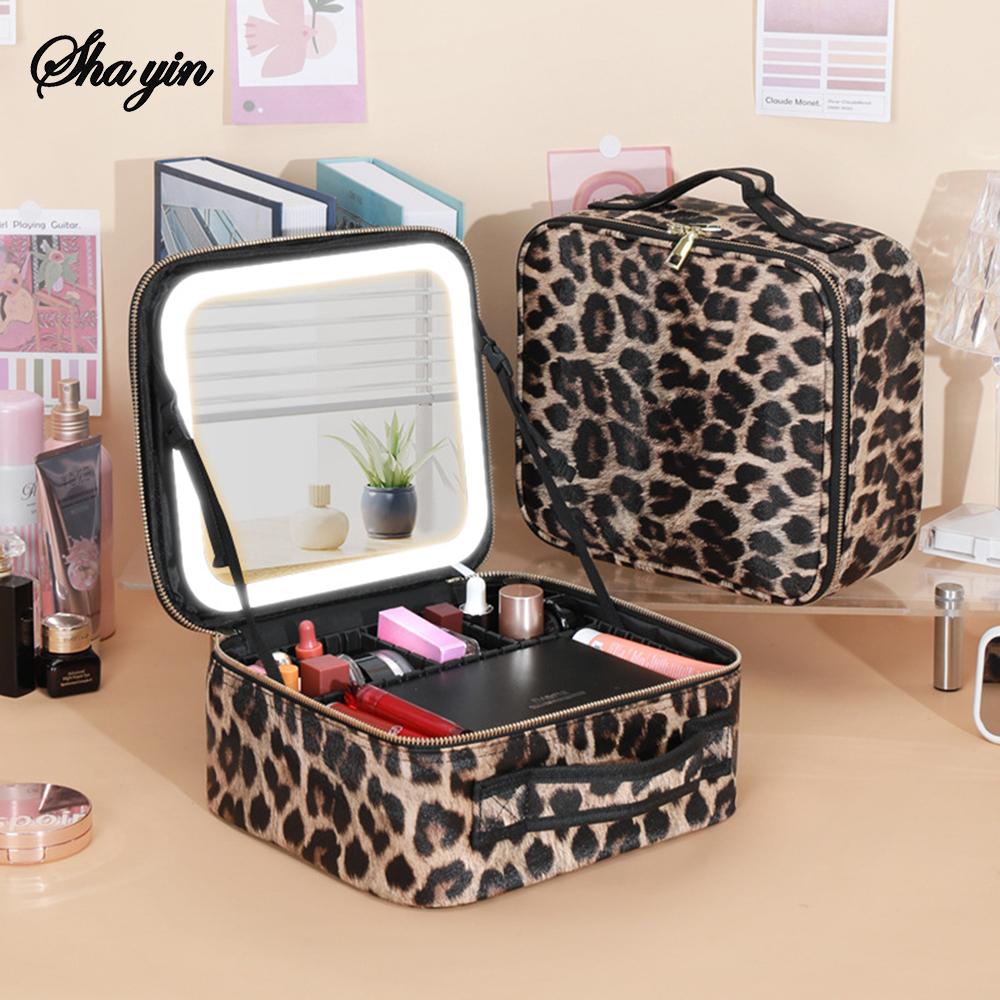 Makeup Bag with Light up Mirror, Travel Makeup Case with Mirror and Lights, Lighted Cosmetic Train Case with 3 Color Settings, M