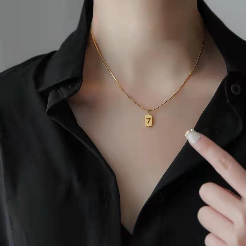 18k Gold Minimalist Snake Bone Chain with Lucky 7 Charm Necklace for Women