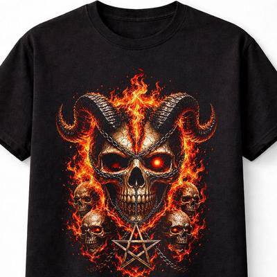 Demonic Skull Pentagram Fire Gothic Horror Metal Unisex TShirt