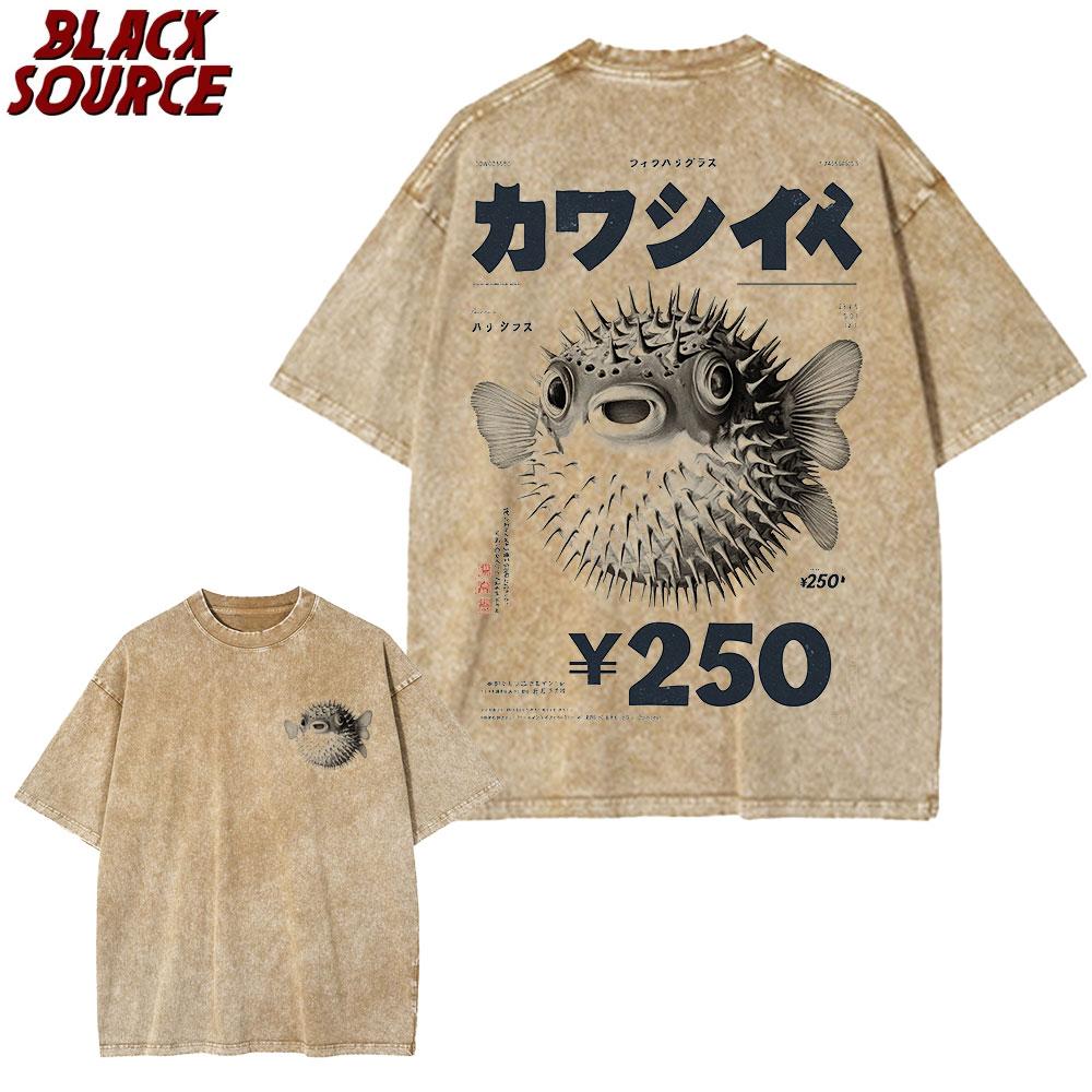 T155 Vintage Fugu Puffer Fish Ramen T-Shirts Men Women Clothing Summer 100% Cotton Tee Shirt Fashion Crewneck Short Sleeve