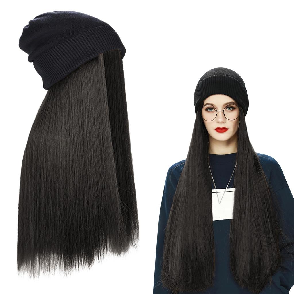 Women Winter Hat Wig Knit With Long Straight/Wig Wavy Curly Hair Wig Attached 23.6 Inch Synthetic Hair Wigs Hairpiece