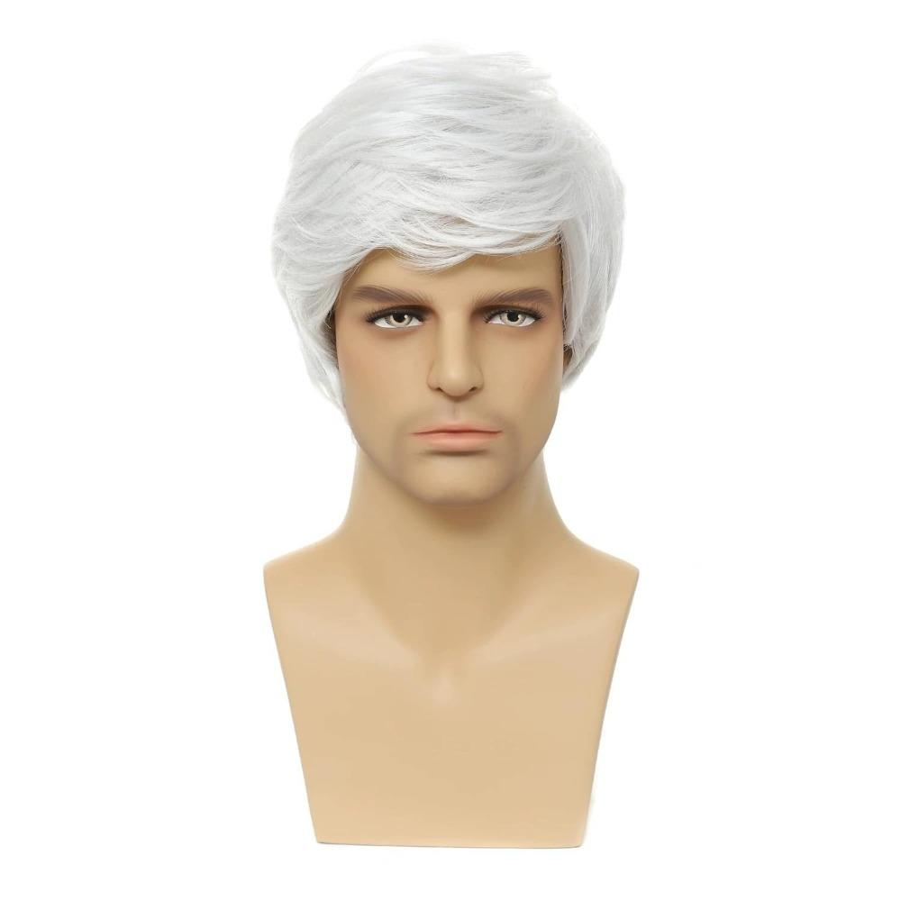 Men's Middle-aged and Elderly Silver White Slanted Bangs, Short Straight Hair, Rose Mesh Cover