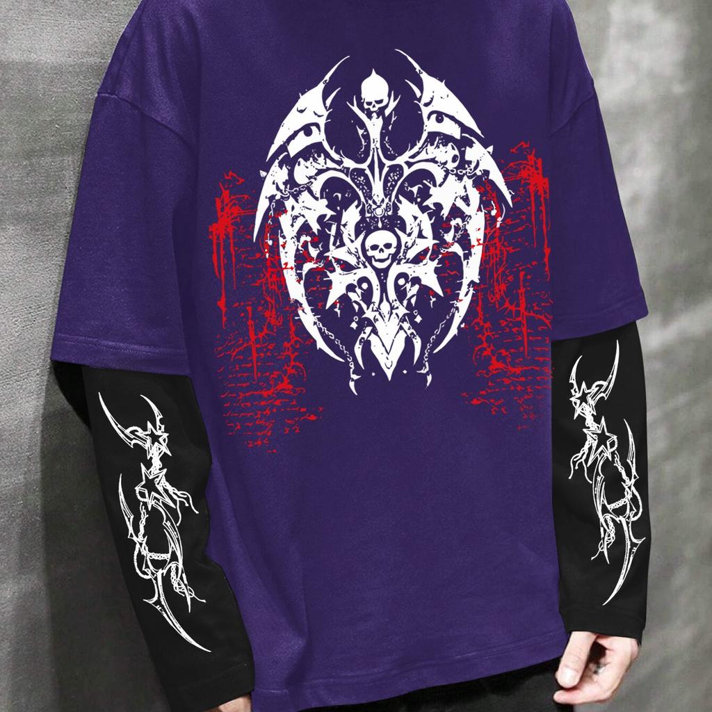 Men'S High Street Hip-Hop Dark Style Double Sleeve Print T-Shirt, a Fashionable New Arrival for Spring