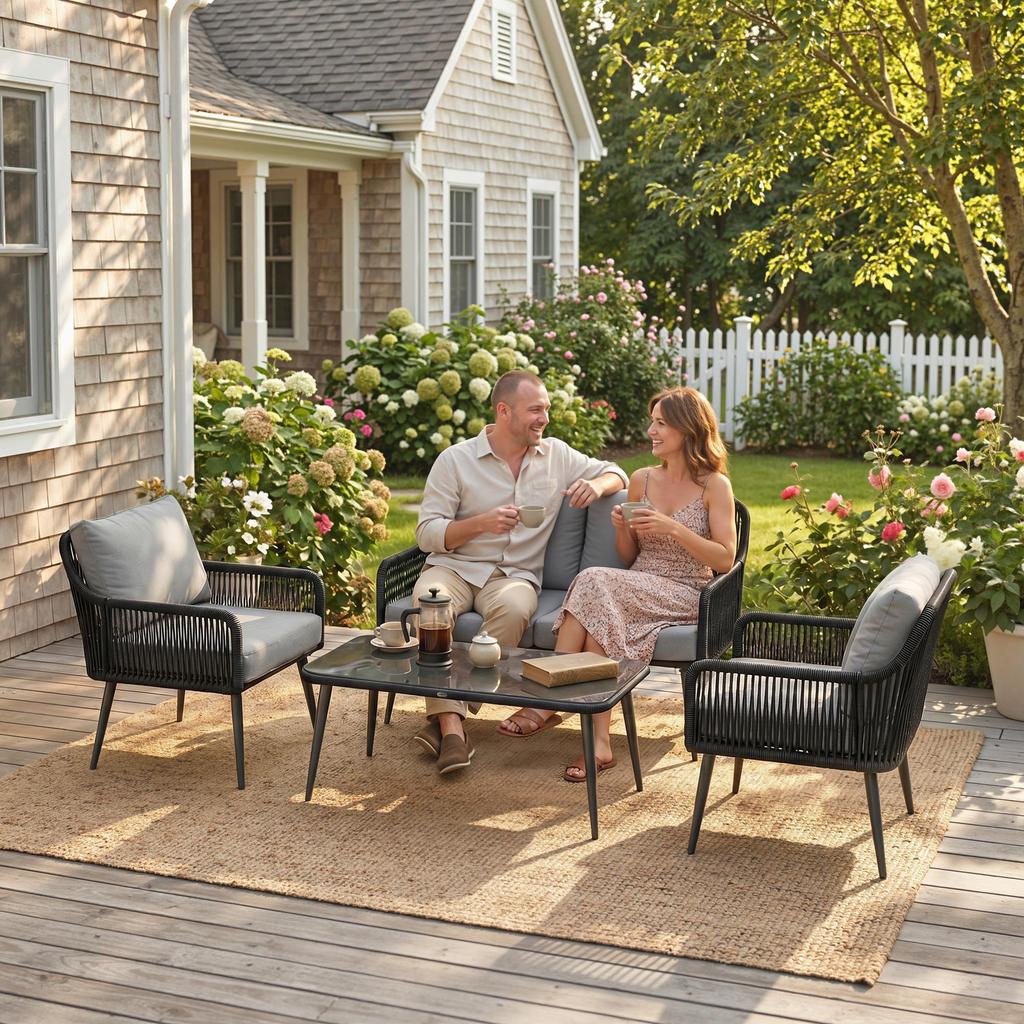 Rattan Garden Furniture Set, 4 Piece Outdoor Patio Furniture with Tempered Glass Table and Chairs, Indoor Balcony Conservatory Set