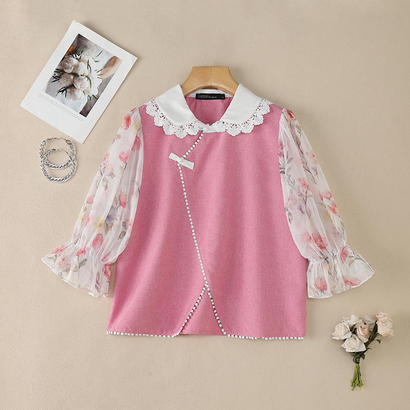 ZANZEA Women Lace Splice Doll Collar Casual Floral Print Half Sleeve Blouse