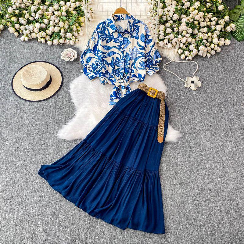 

Hong Kong Style Ins Print Lantern Sleeve Sun Protection Shirts Women Summer Short Strap Top Set High Waist Puffy Cake Skirt Blue Two-piece set One size