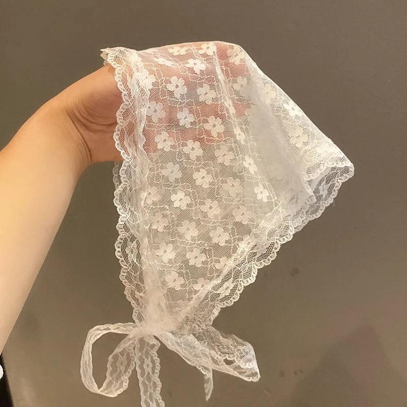 French Solid Color Lace Headscarf Spring and Summer Travel Versatile Sweet Cute Pastoral Style Triangular Hair Scarf for Women