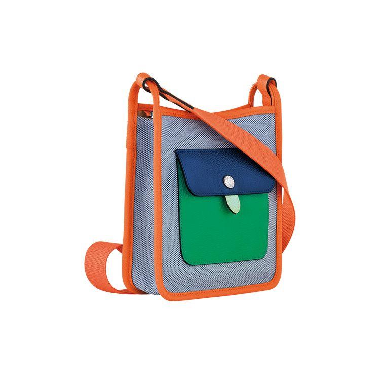 Longchamp Le Foulonné 20 Reißverschluss Leinwand und Leder Schultertasche Umhängetasche Klein Damen Taschen Blau Orange 10138HBUH03