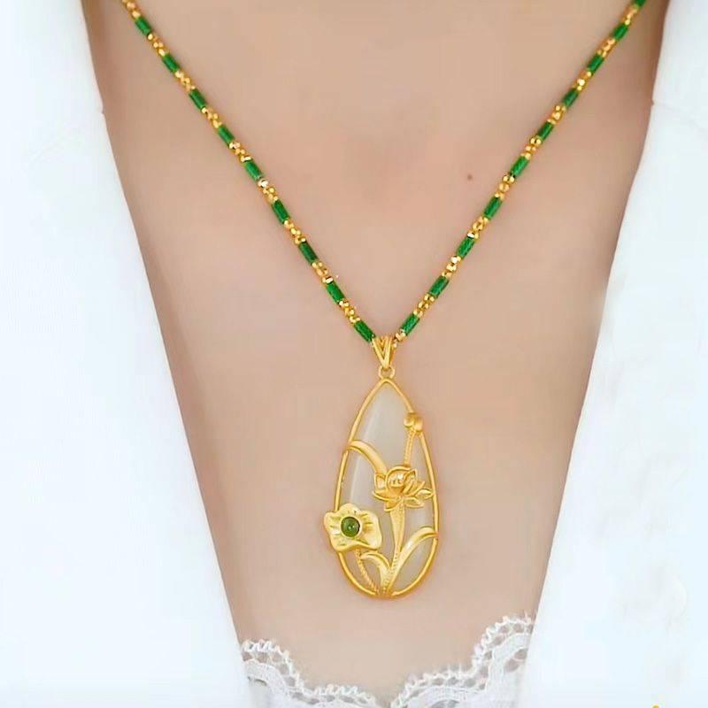 Gold-Plated Lotus Leaf Necklace with Imitation White Jade Pendant