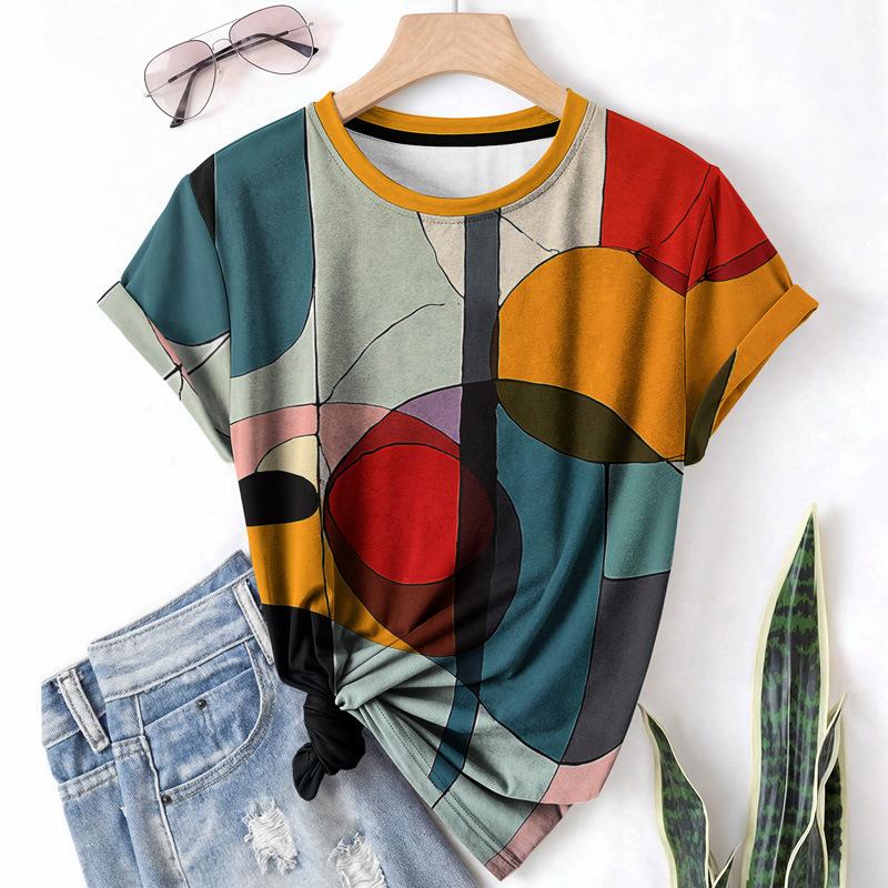 

Летняя женская футболка с круглым вырезом, короткими рукавами, абстрактным узором, арт, модная посадка, повседневный дизайн, рубашка 6XL