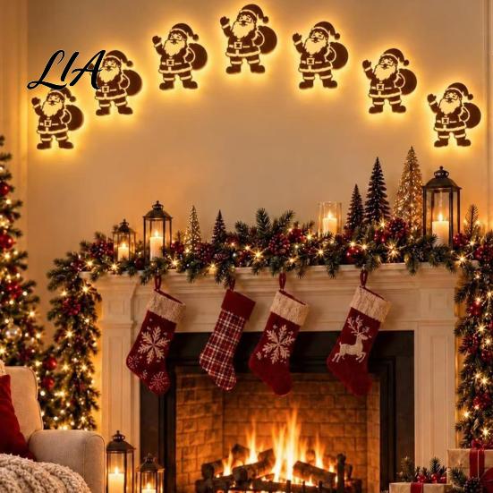 Christmas Atmosphere Ambient Light 7PCS Wooden Wall Lights, Warm LED Backlight Glowing Silhouette Decorative Elk Figures Pendants, Rustic Style