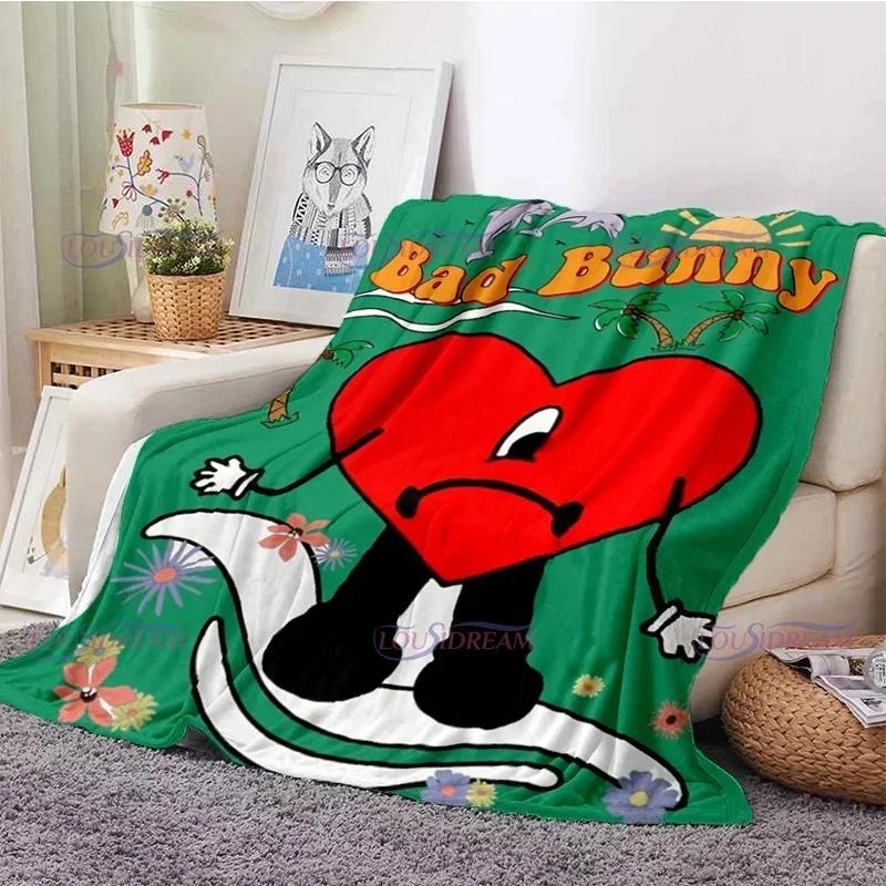 Cartoon Bad Bunny Coperta Coperte di flanella Musica pop latina Coperte calde in pile di peluche per biancheria da letto per divano adulto per tutte le stagioni