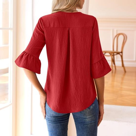 Women Shirt V-Neck Half Sleeve Ruffle Trim Pullover Tops Pure Color Regular Fit Casual Shirt Tops Work Party Vacation Wear