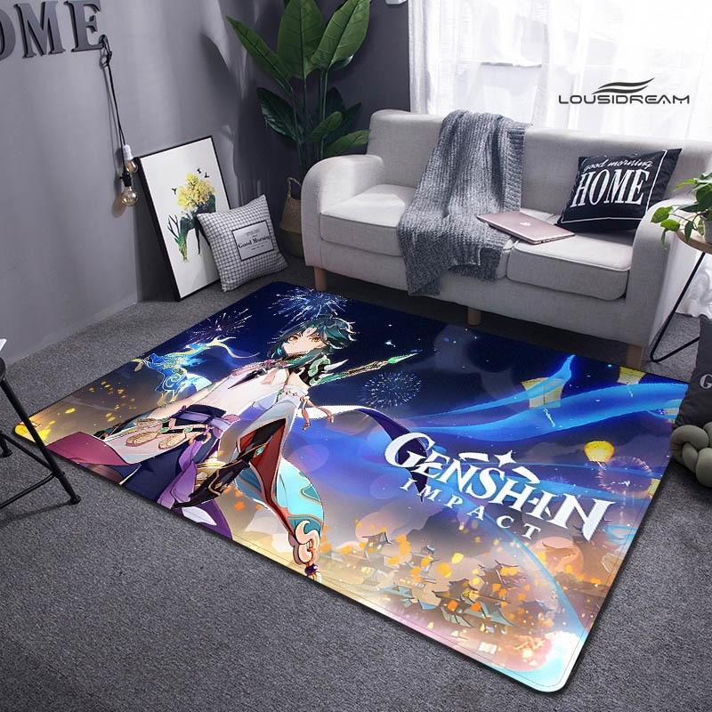 Genshin Spiel Cartoon Druck Teppich Wohnzimmer Schlafzimmer Teppich rutschfeste Fußmatte Kinderspielzimmer Teppich Fotografie Requisiten