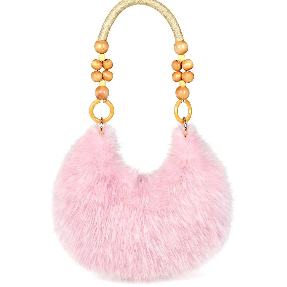 Retro Multicolor Furry Handbag Beads-Chain Handle Soft Tote Bag Faux Fur Oval Shoulder Bag Versatile